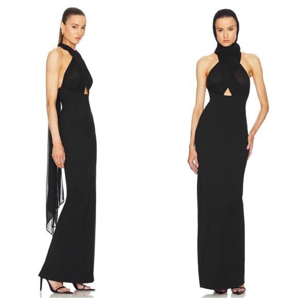 Helsa Amber Sheer Mesh Halterneck Tie Bodycon Black Maxi Dress Size Medium - Picture 2 of 7